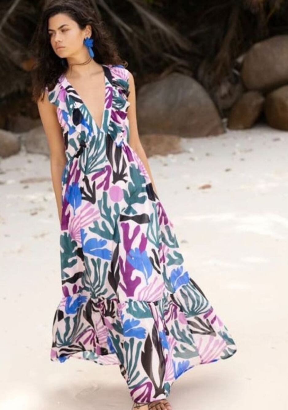 Oliphant Maxi Dress Women's M Multicolor Reef Magenta Ruffle Abstract Print